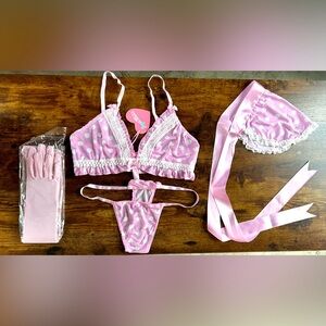Dolls Kill Sugar Thrillz Pink Polka Dot Maid Lingerie Set with Gloves